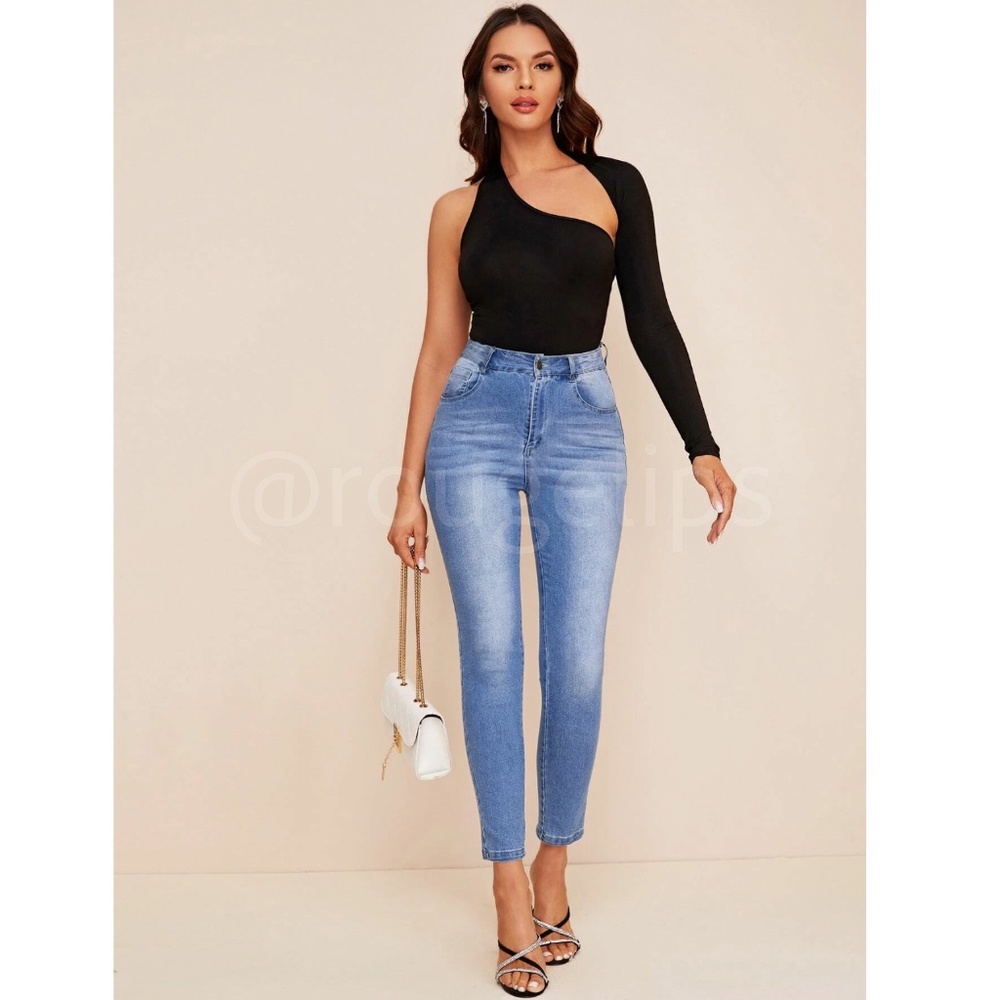 Black Elegant One Long Sleeve Bodysuit Asymmetrical Neck - Picture 5 of 6